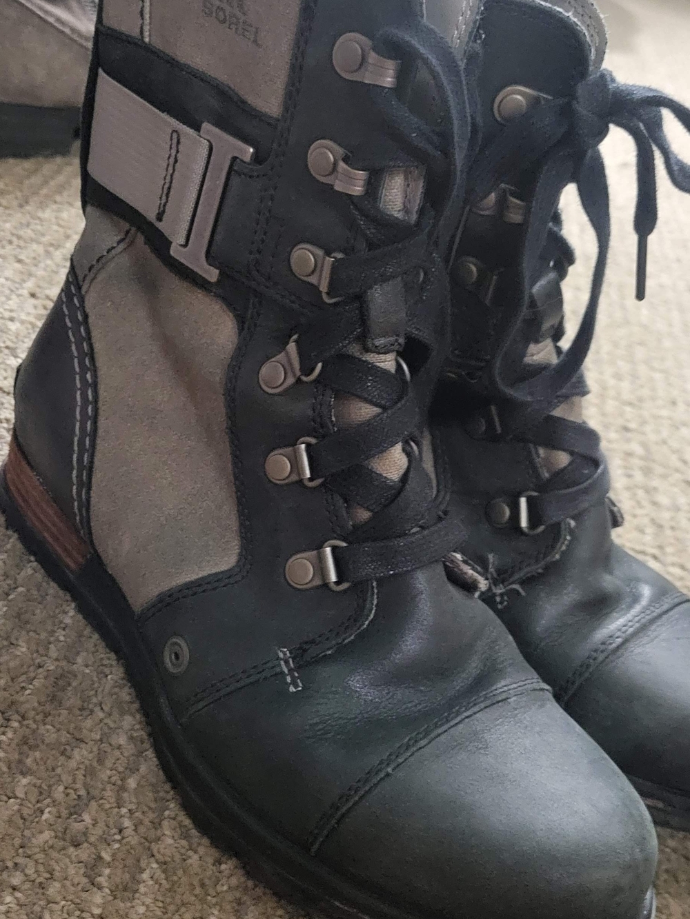 Sorel Black and Gray Lace-Up Buckle Ankle Boots